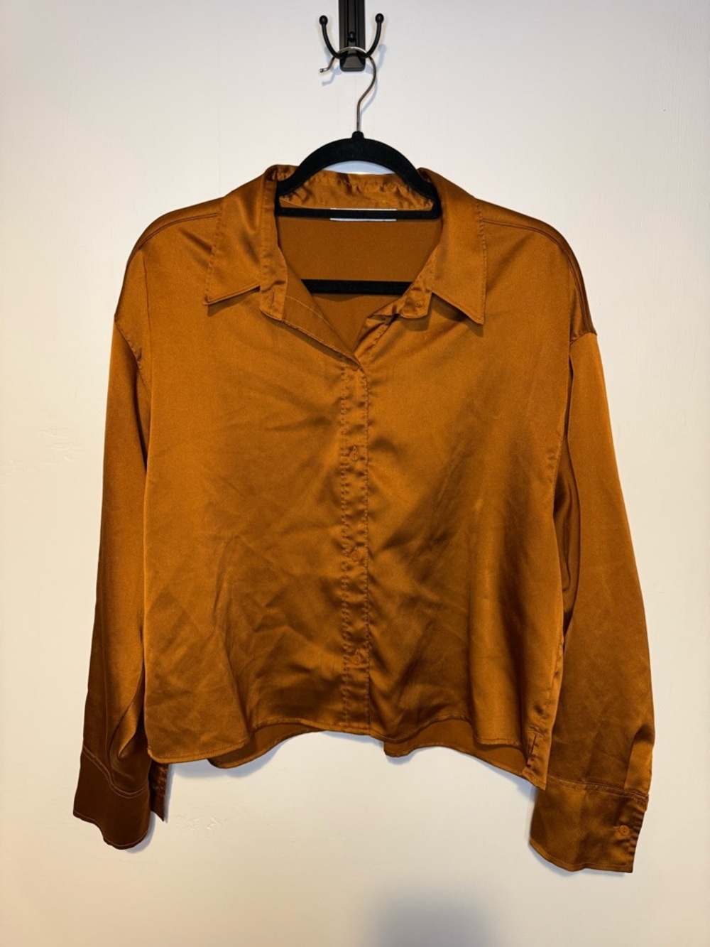 ABERCROMBIE Long Sleeve Satin Button Up Shirt Burnt Orange Copper Sz Medium